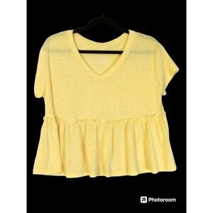 SO Top Women's M Short Sleeve V-Neck Baby Doll Flounce Ruffle Yellow Stretchy